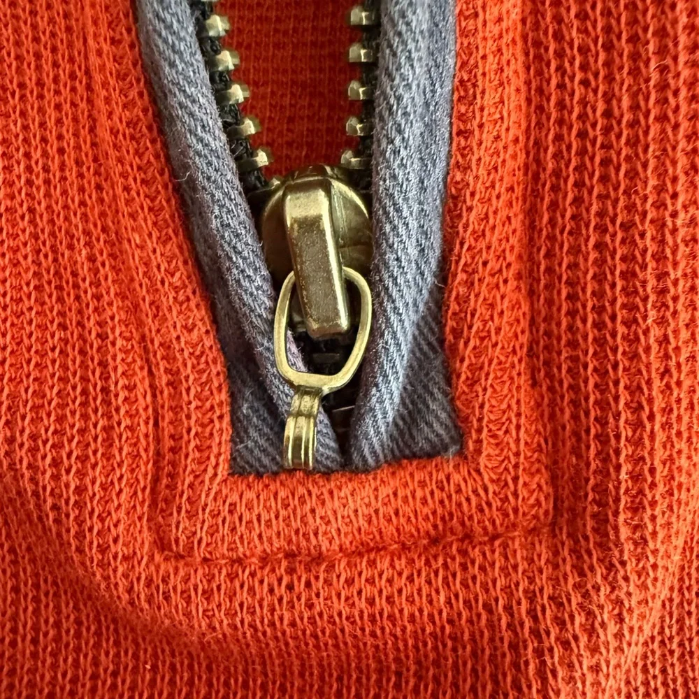 Thomas Dean Red Burnt OrangeZip-Up Sweater with Navy Trim L